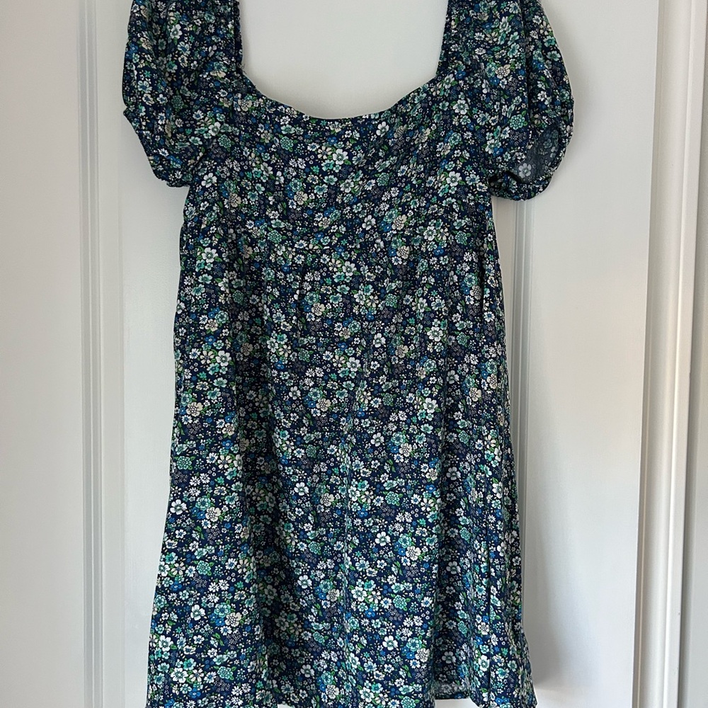 SHEIN Blue Mini Sundress with Puff Sleeves and Square Neck